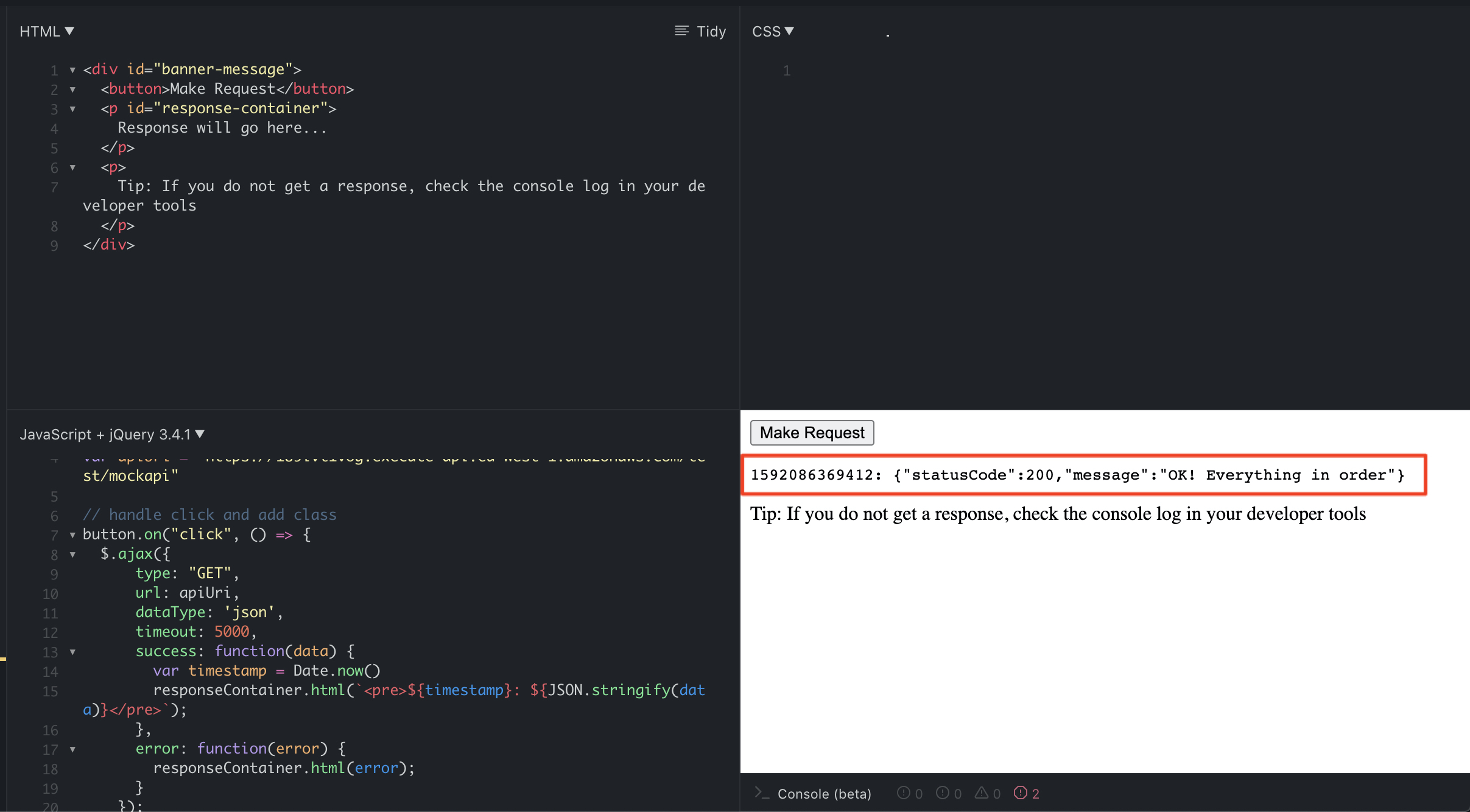 Image showing a successful response from our API
