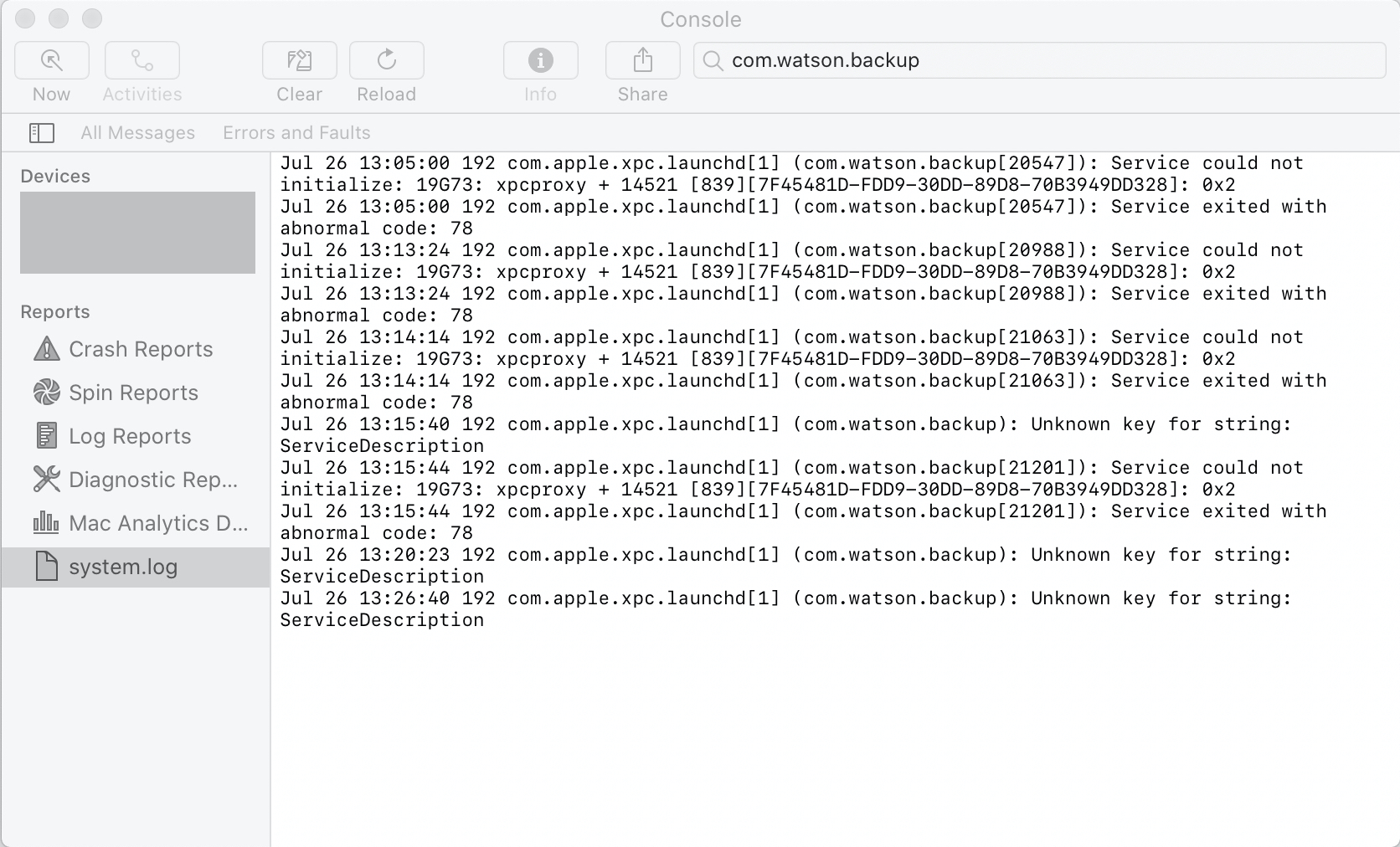 MacOS Console.app screenshot demonstrating the debugging capabilities